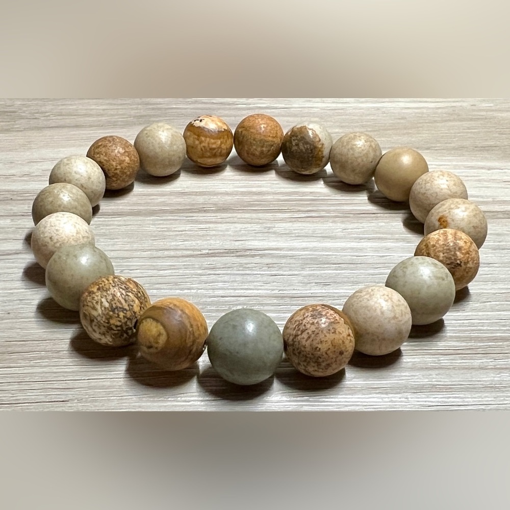 10mm Picture Jasper Beaded Stretch Bracelet, Promotes Connection To Earth
